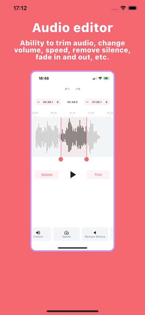 Audio Editor | MP3 Converter - Interfaz móvil del editor de audio para recortar archivos mp3 con vista de forma de onda