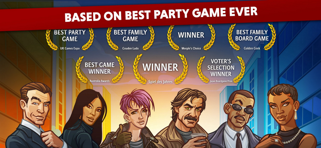 Banner des Codenames Mobile-Spiels, das internationale Auszeichnungen und verschiedene Spionage-Charaktere hervorhebt.