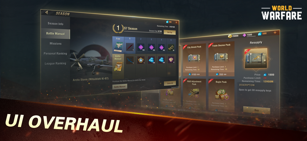 World Warfare - World Warfare mobile game UI overhaul showing battle manual and resupply shop