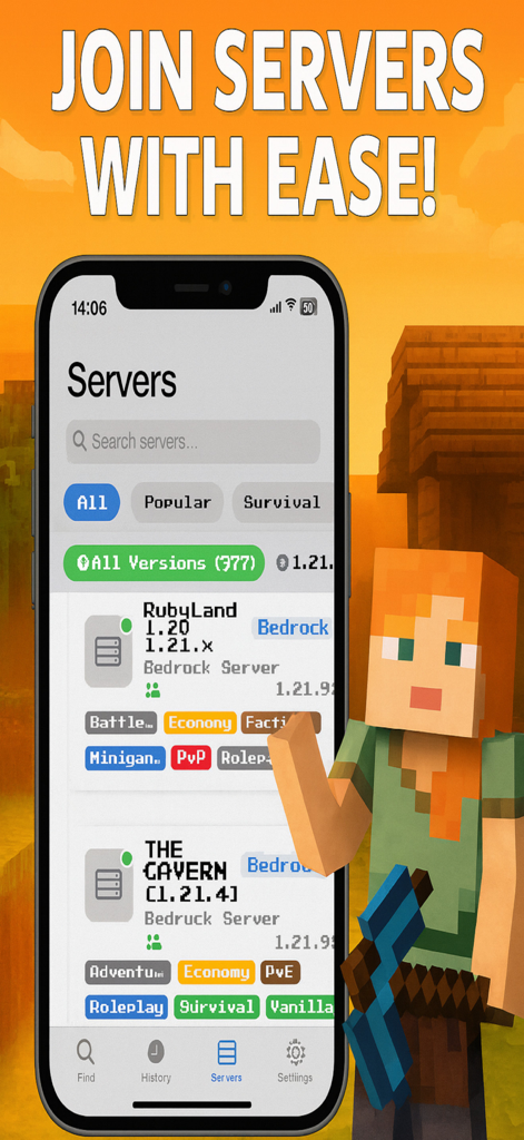Diamond Finder Minecraft X-Ray - A mobile interface showing a list of popular Minecraft servers for Bedrock and Java editions