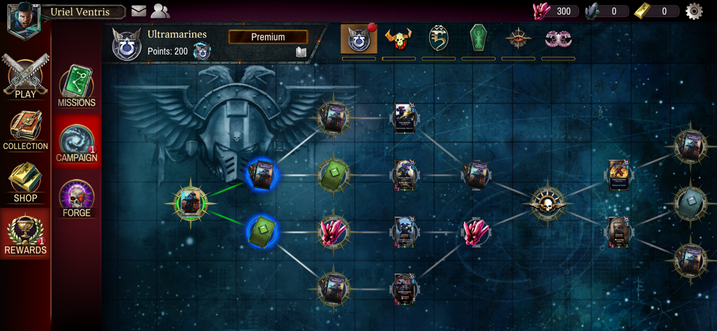 Warhammer 40,000: Warpforge - Árvore de progressão da campanha dos Ultramarines em Warhammer 40,000 Warpforge mostrando recompensas e caminhos ramificados