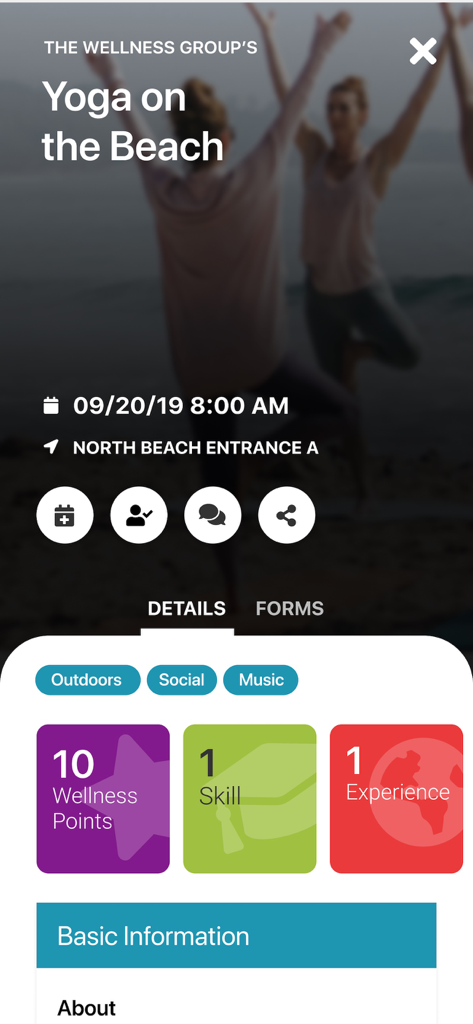 Modern Campus Involve - Event details page in Modern Campus Involve app for a beach yoga session showing date location and wellness points