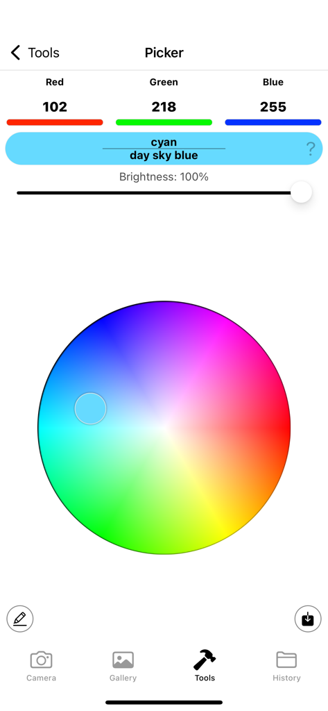 Colorimeter App - Interface do App Colorímetro mostrando uma roda de cores circular e valores RGB para ciano