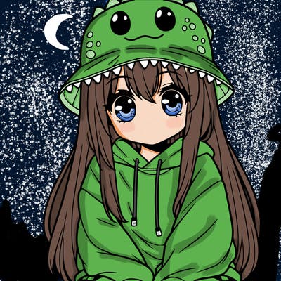 girl with anime shaped eyes with a dinosaur bucket hat oversized sweatshirt long straight hair