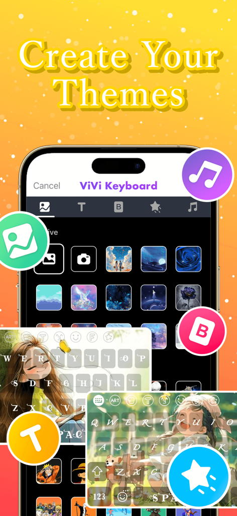 Interface of ViVi Keyboard app showing custom theme creation with anime backgrounds and stylish fonts