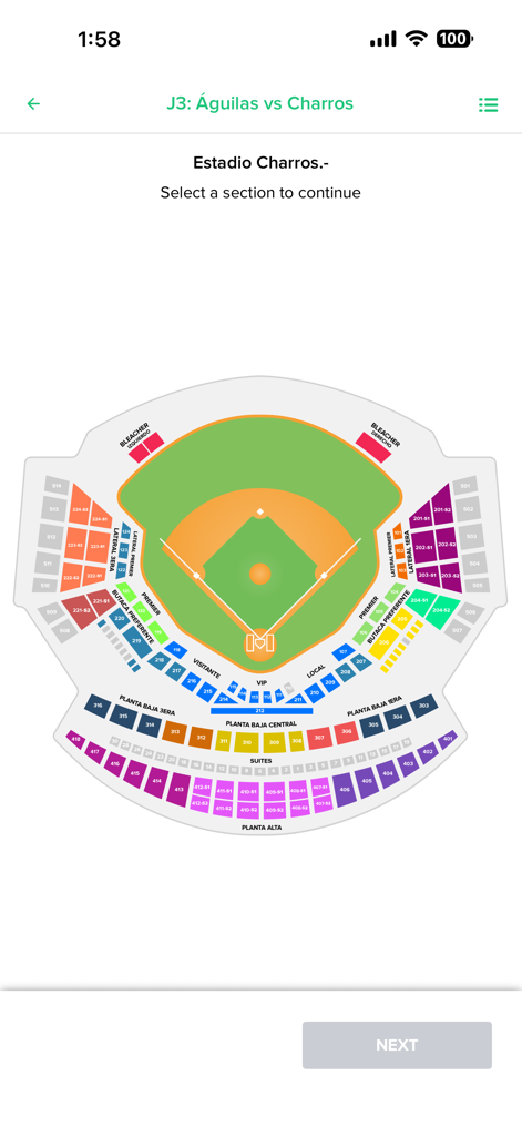 Boletomóvil - Interactive stadium seating map for selecting tickets in the Boletomovil app.