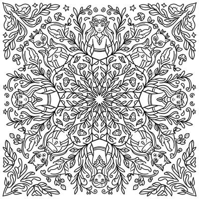 Dive into a magical world with this Wild Elves Mandala coloring page, perfectly designed for young adventurers. Enjoy symmetrical patterns featuring adorable elf children, lush leaves, and forest friends, offering hours of creative fun.