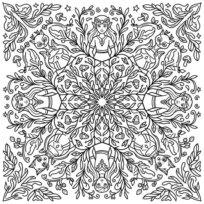 Dive into a magical world with this Wild Elves Mandala coloring page, perfectly designed for young adventurers. Enjoy symmetrical patterns featuring adorable elf children, lush leaves, and forest friends, offering hours of creative fun.