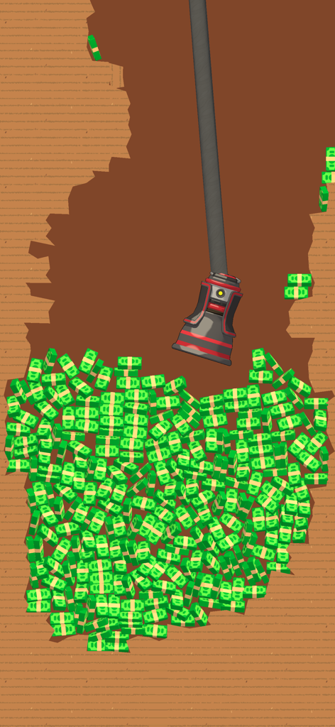 A mechanical drill collecting a massive pile of cash stacks underground