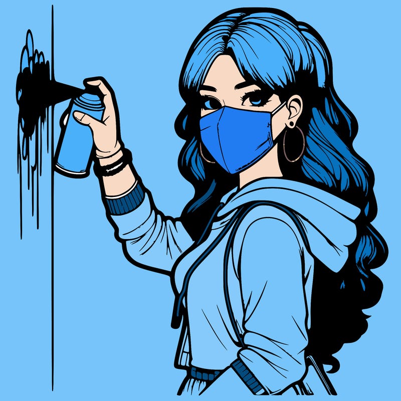realistic girl with mask spray painting a wall