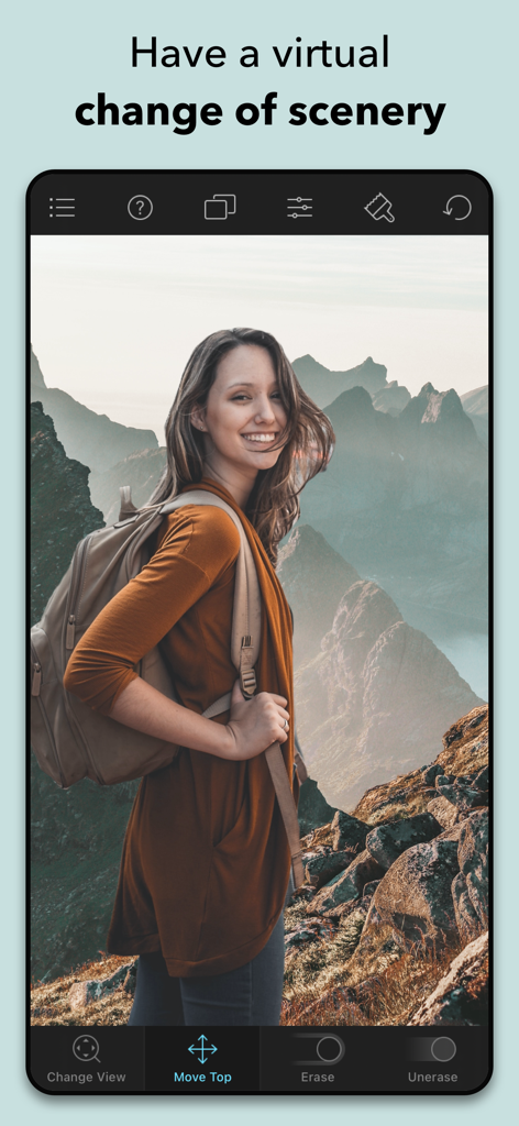 Tela do aplicativo móvel Juxtaposer mostrando uma mulher montanhista editada em um fundo de paisagem montanhosa