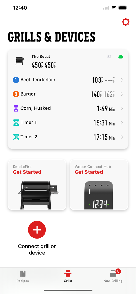 Weber Connect app showing grill and food temperature monitoring
