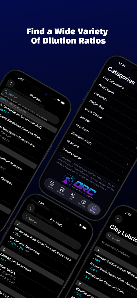 DRC - Detailing Calculator - Interfaz de la aplicación mostrando una amplia variedad de categorías de productos de detallado automotriz y sus proporciones de dilución específicas.