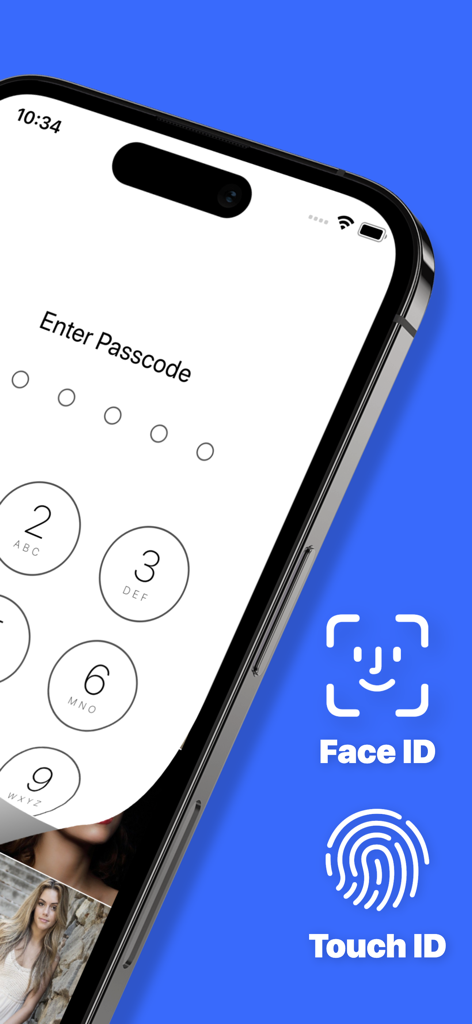 Security screen of Photo Lock app showing numeric passcode entry with Face ID and Touch ID options