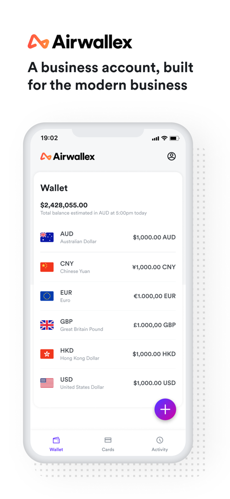 Application mobile Airwallex affichant un portefeuille d'entreprise multidevises avec des soldes en devises mondiales