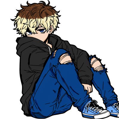 a male hoddie ripped jeans messy hair anime