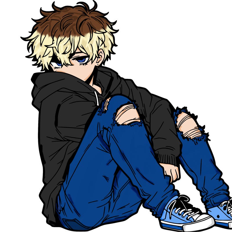 a male hoddie ripped jeans messy hair anime