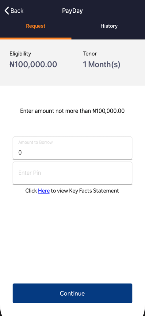 Captura de pantalla de la aplicación QuickBucks que muestra una pantalla de solicitud de préstamo de día de pago con campos de elegibilidad y monto.