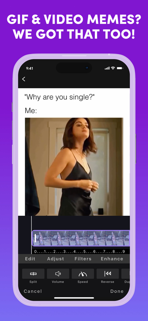 Memes.com Meme Maker Generator - Mobile App-Oberfläche mit Video-Meme-Bearbeitungstools und Zeitachse.