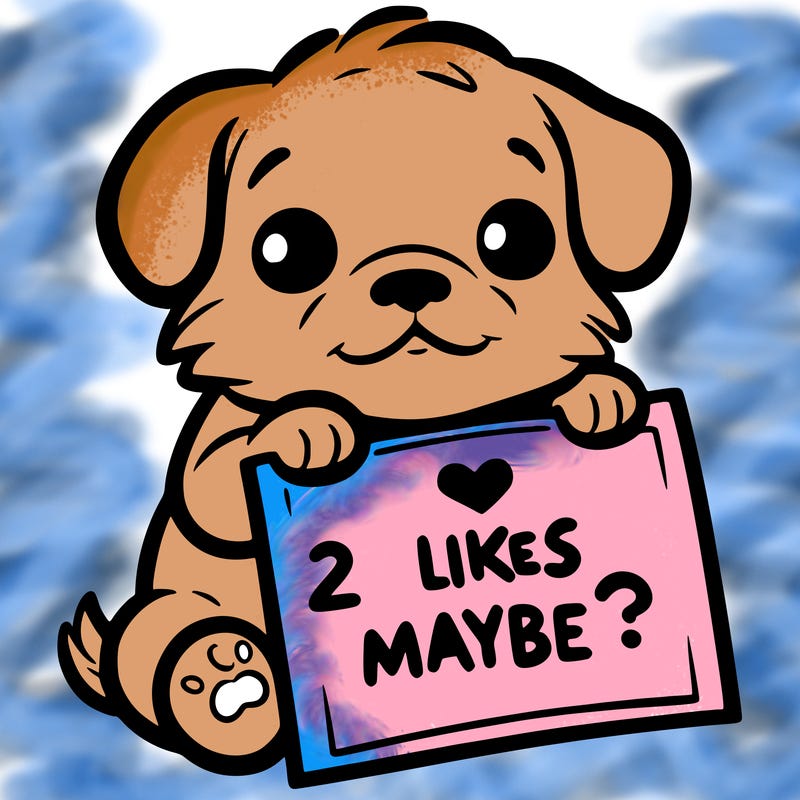 a puppy holding a sign that says 2 likes maybe?