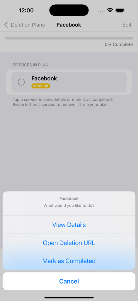 Just Delete Me - Just Delete Me app interface showing menu options to delete a Facebook account