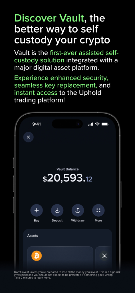 Uphold: Buy BTC, ETH and 360+ - Interfaccia Vault dell'app Uphold che visualizza un saldo di criptovalute e opzioni di auto-custodia assistita per asset come Bitcoin e XRP.