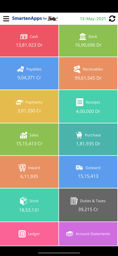 SmartenApps for Tally - SmartenApps for Tally mobile dashboard showing colorful tiles for financial metrics like cash bank sales and receivables