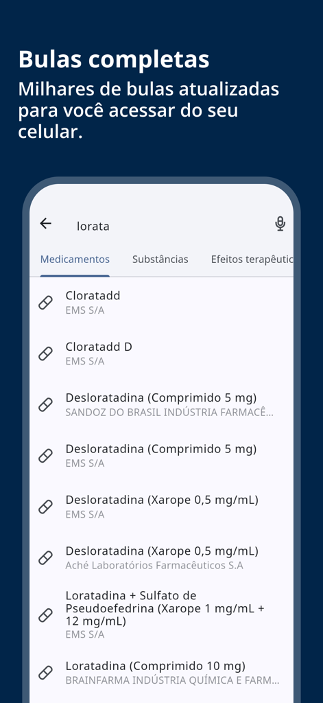 BulasMed mobile app search screen showing a list of Brazilian medications and drug leaflets