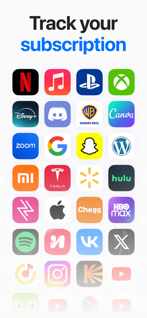 Grid of popular subscription service logos including Netflix Disney Plus and Spotify