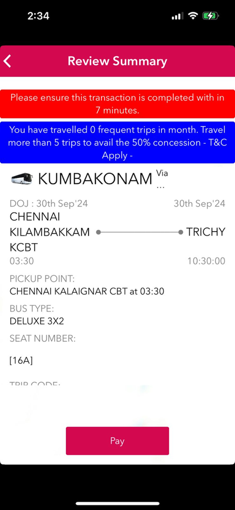 TNSTC app review summary screen for a bus trip from Chennai to Trichy