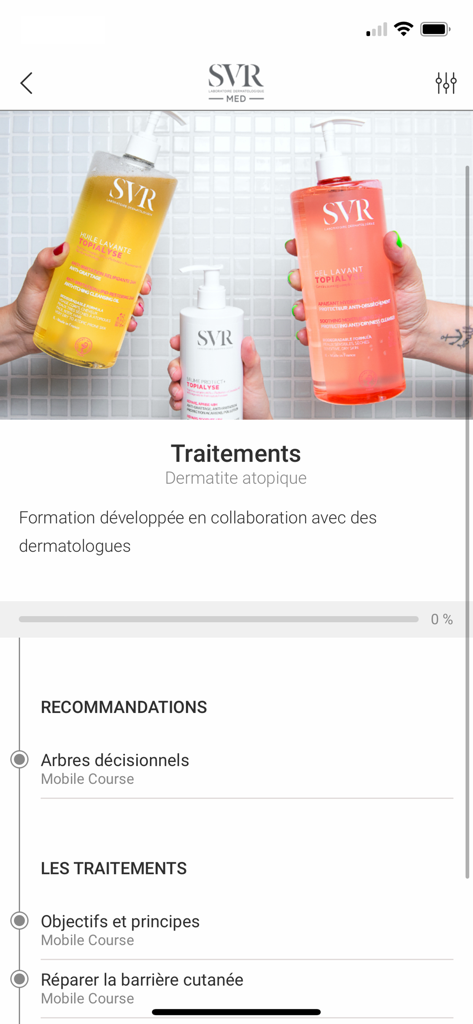 SVR Med app screen showing a medical training module on atopic dermatitis treatments