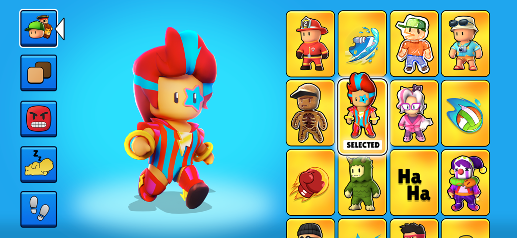 A menu in Stumble Guys showing a variety of colorful character skins and customization options