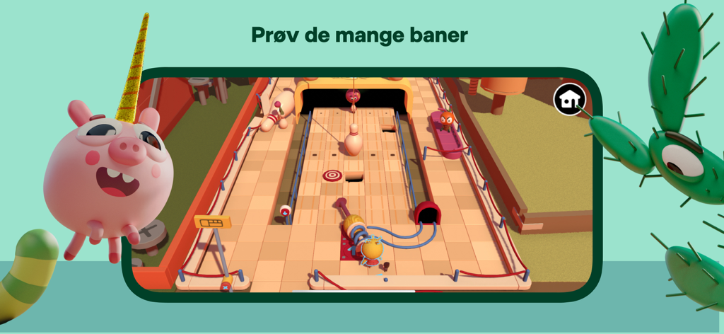 A 3D bowling mini-game in the DR Ramasjang Karla app featuring a pink pig character with a unicorn horn.