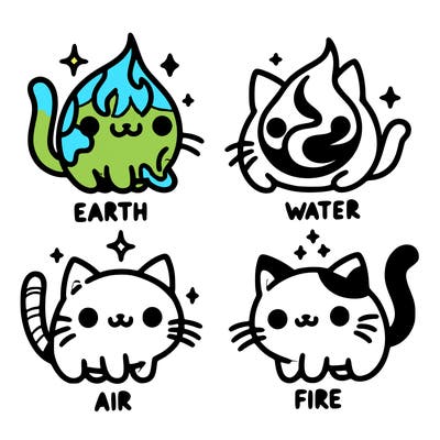 4 cats that represent the different elements, earth, water, air, and fire