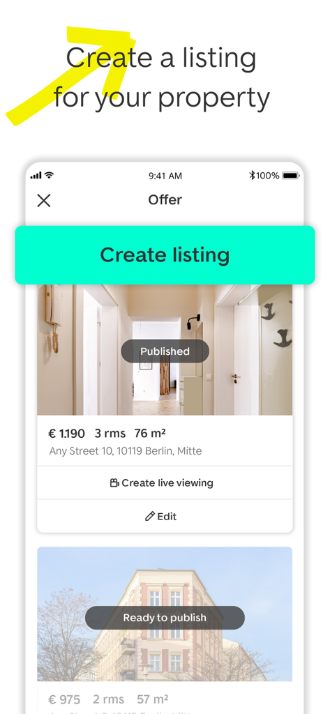 ImmoScout24 - Real Estate - Una pantalla móvil de la aplicación ImmoScout24 que muestra la interfaz para crear y administrar listados de propiedades.