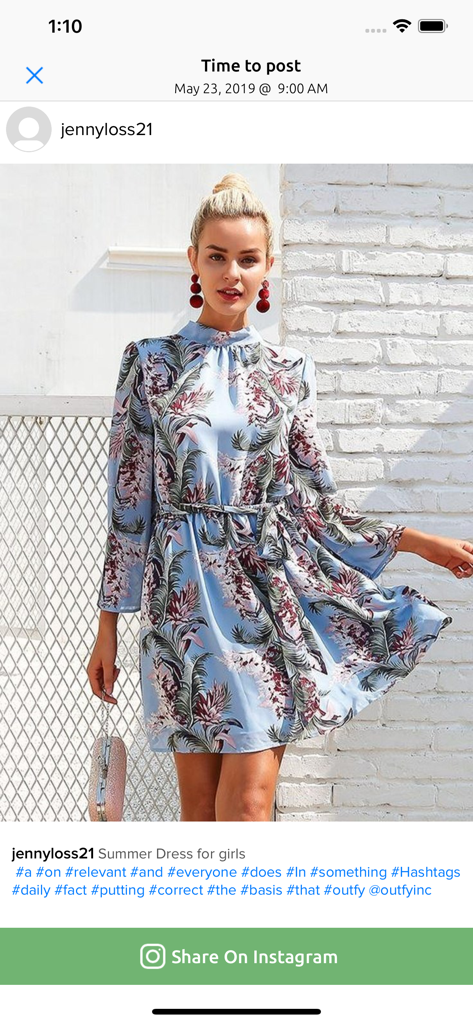 Outfy - Outfy mobile app interface showing a scheduled product post ready to be shared on Instagram