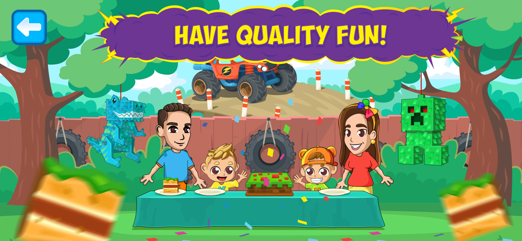 Vlad & Niki Cooking Pizza Game - Vlad and Niki family celebrating at a backyard party with a Minecraft cake and dinosaur piñata