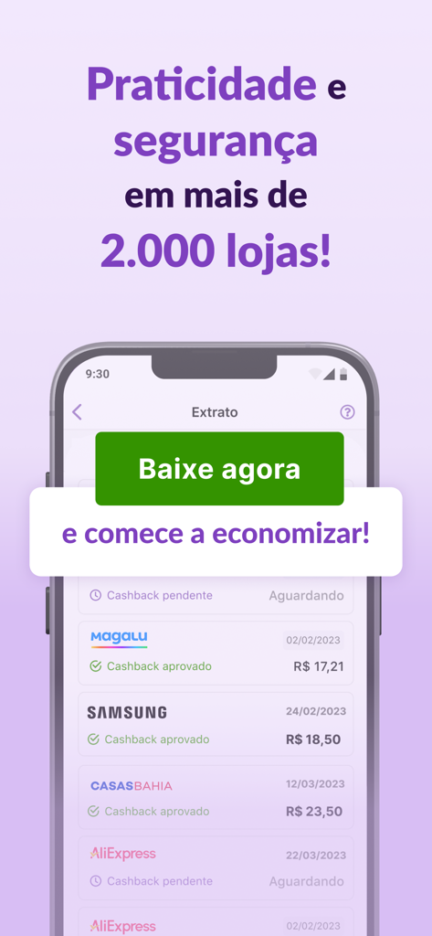 Cuponomia app interface showing cashback transaction history from major stores like Magalu and Samsung