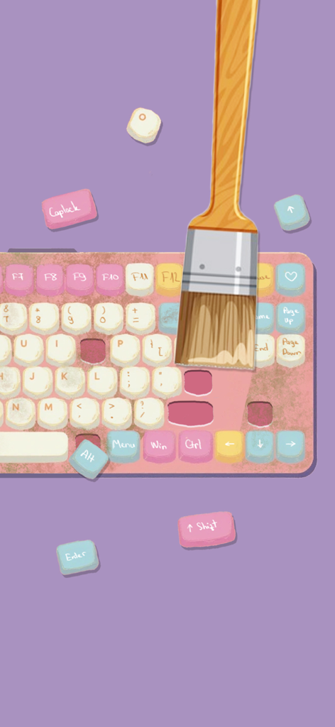 Sort It Right: Relax Puzzle - Un teclado rosa siendo limpiado con un cepillo de madera en un satisfactorio juego ASMR.