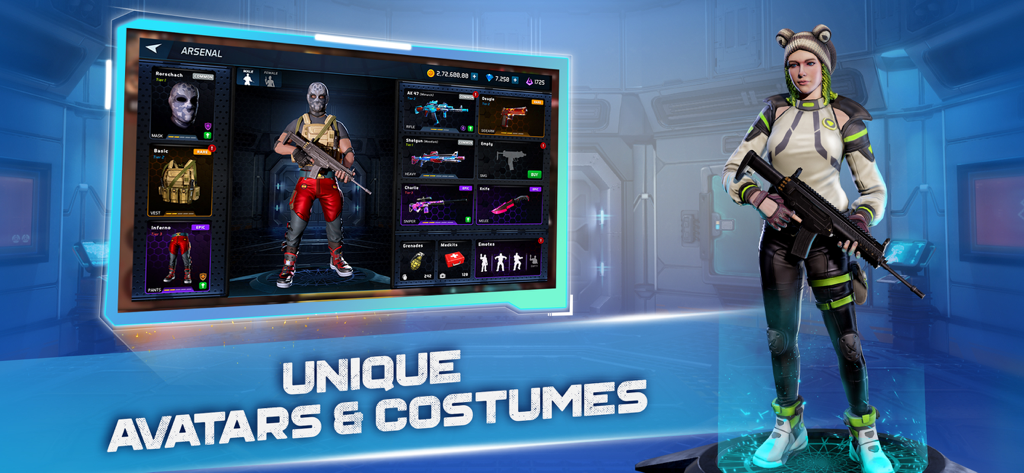 MaskGun game character customization screen showing unique avatars and costumes