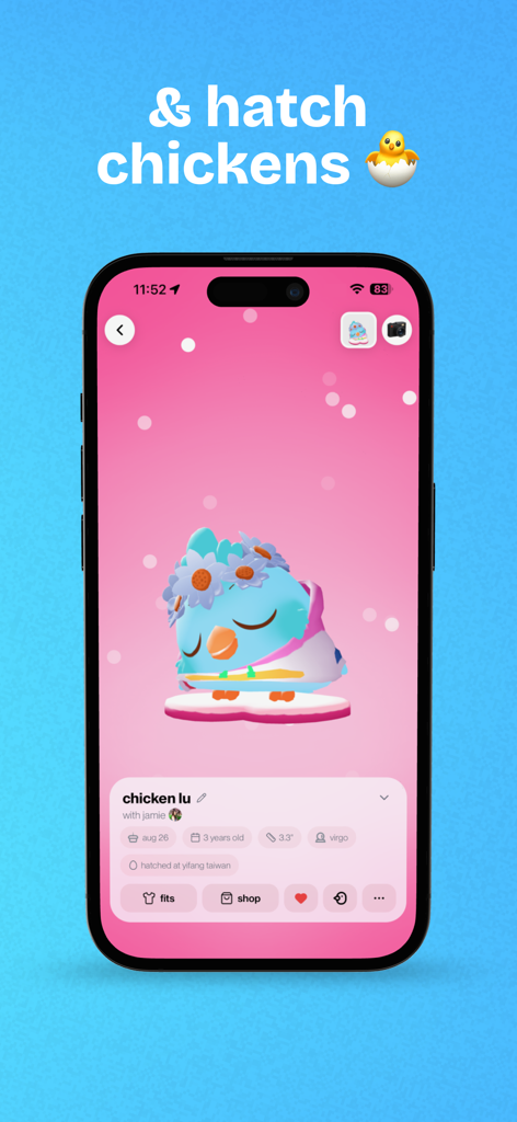 Un écran d'application mobile rose de Snackpass présentant un personnage de poulet virtuel mignon dans le cadre d'un programme de récompenses de fidélité gamifié.