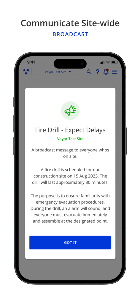 Veyor - A mobile interface of the Veyor app displaying a site-wide broadcast notification for a scheduled fire drill.