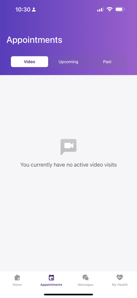 The appointments screen of the APPatient mobile app showing the video visits tab.