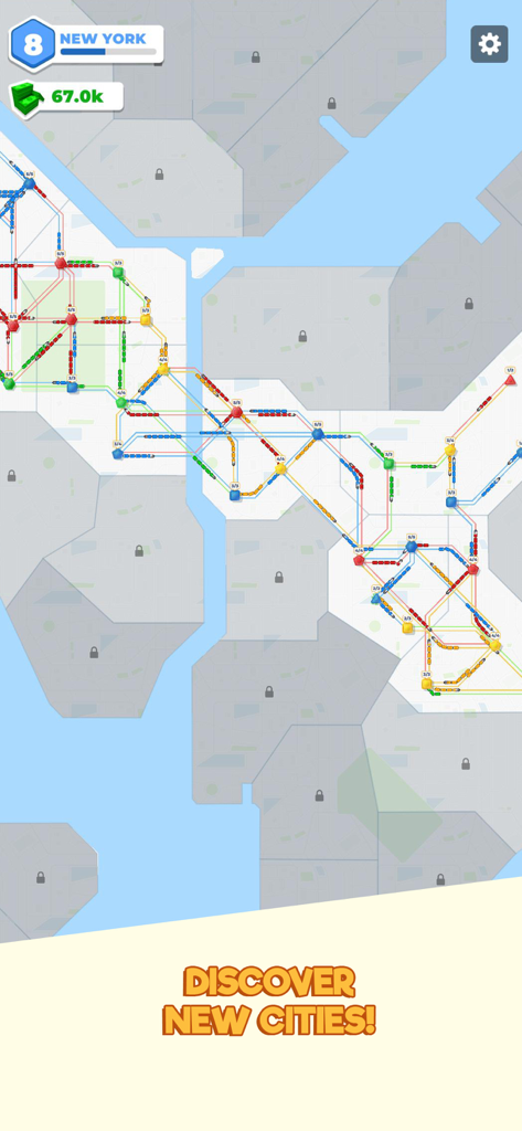 Metro Connect: Train Simulator - Metro Connect gameplay screen showing a colorful train network map in New York