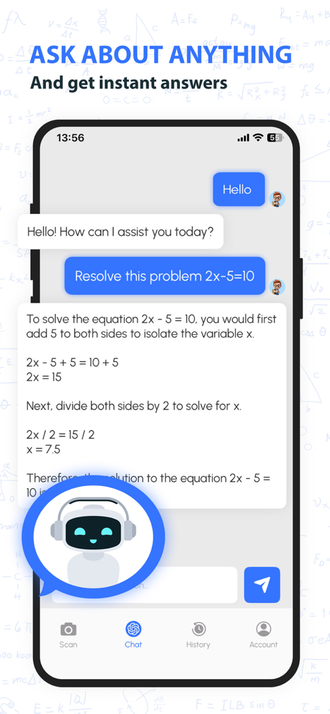AI Homework Scanner & Helper - AI Homework Helper app showing a step by step solution to a math problem in a chat interface