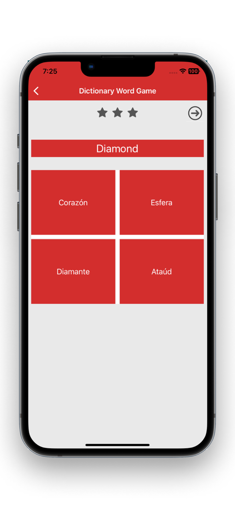 Spanish English Translators - Spanish English vocabulary game interface showing multiple choice translation options for the word Diamond
