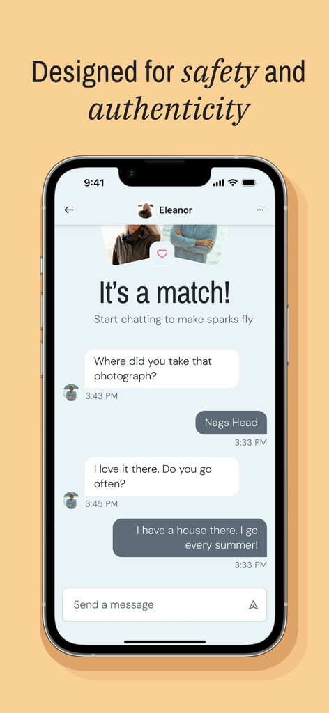 SilverSingles: 50+ Dating - SilverSingles app showing a match screen and a secure chat conversation between two users