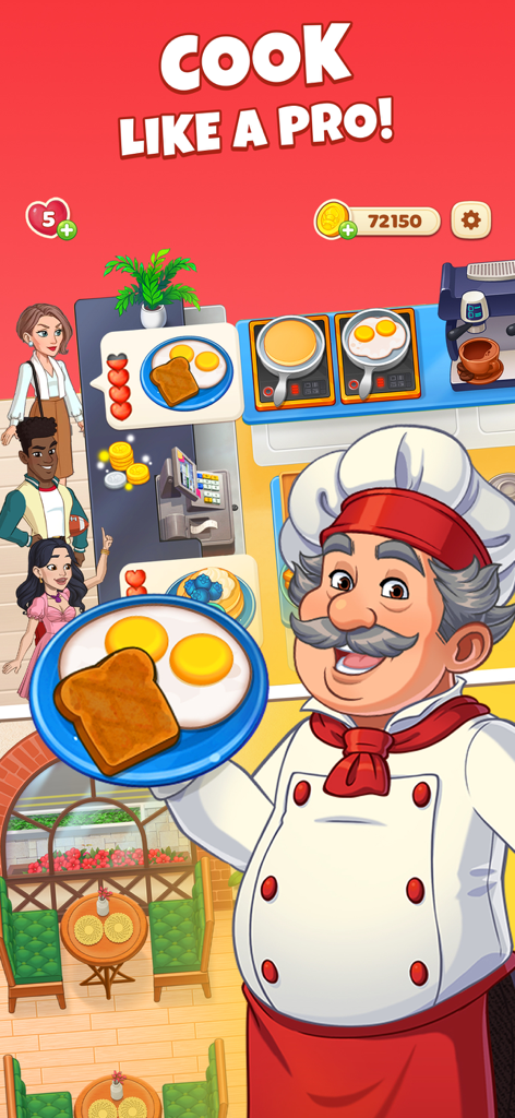 A happy chef holding a breakfast plate in a bustling restaurant kitchen