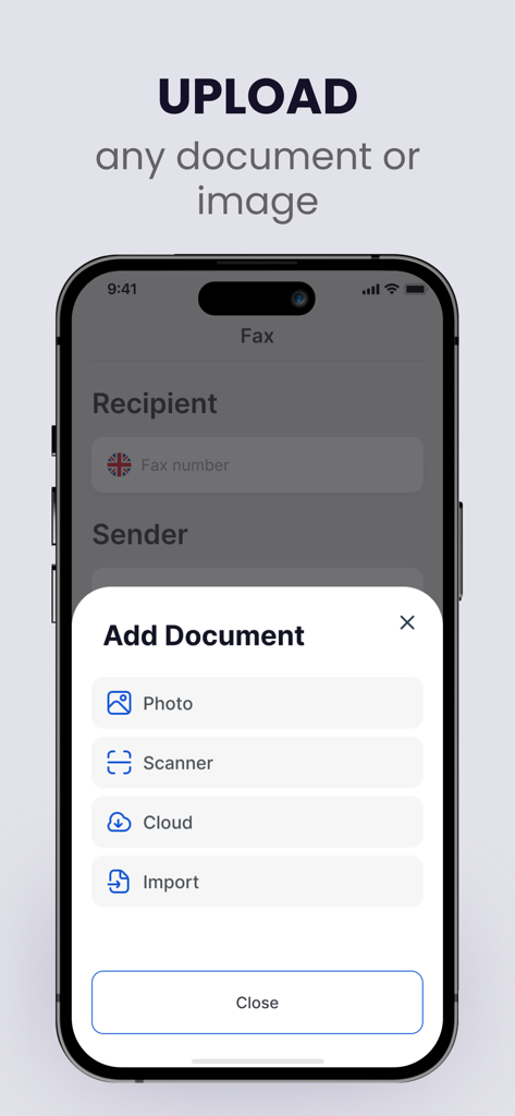 Écran de l'application Smart Fax montrant les options pour télécharger un document à partir de la photo, du scanner, du cloud ou d'une importation.