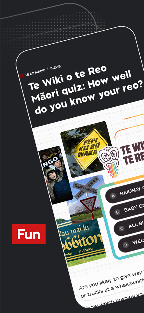 1NEWS - 1NEWS app screenshot featuring an interactive Maori language quiz with multiple choice options and cultural imagery